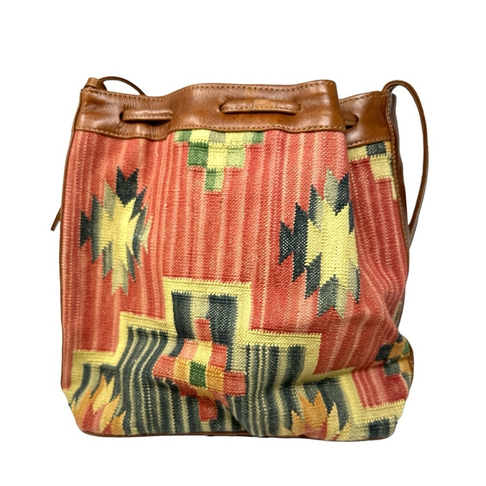 Vintage Multicolor Patterned Bucket Bag, Southwestern, Tribal, Tassel Carpet Bag - Picture 6 of 8